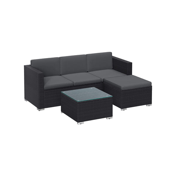 Gartenmöbel-Set mit Kissen und Glastisch schwarz-grau